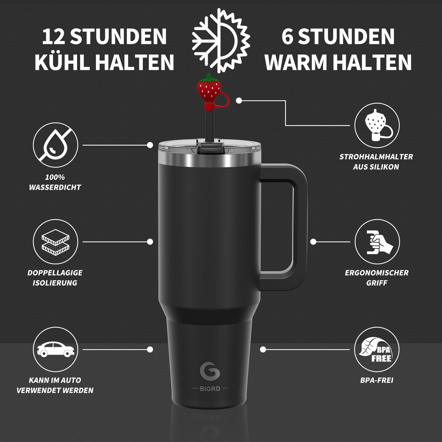 40oz Coffee Mug to Go Thermal Mug Double-Walled Stainless Steel with Handle and Straw Thermal Tumbler-Black